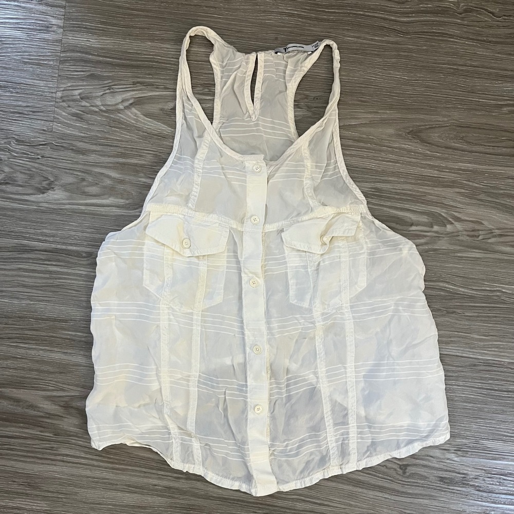 T by Alexander Wang White Sheer Striped Racerback Button Down Tank Top Medium